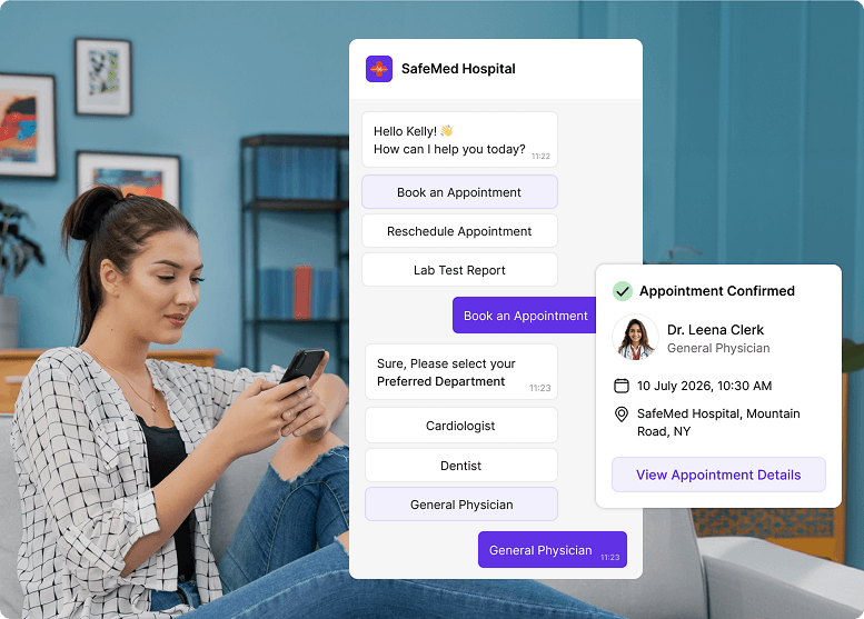 SafeMed Hospital chatbot booking an appointment with Dr. Leena Clerk