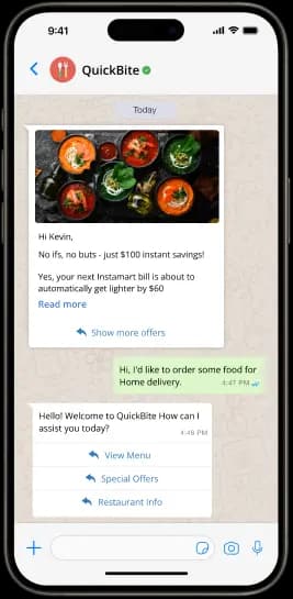 WhatsApp chat showing QuickBite food ordering with savings alert, menu options, and order assistance.