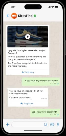WhatsApp chat featuring KicksFind sneaker promotion with discount offer and shopping options.