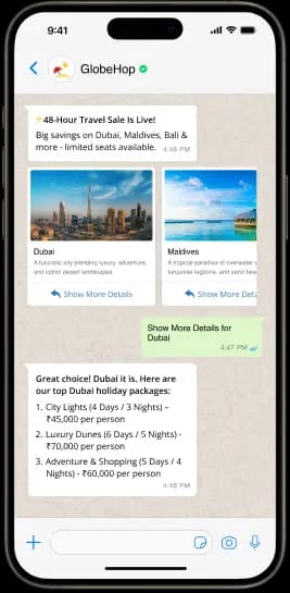 WhatsApp chat displaying GlobeHop travel deals with Dubai and Maldives packages and pricing.