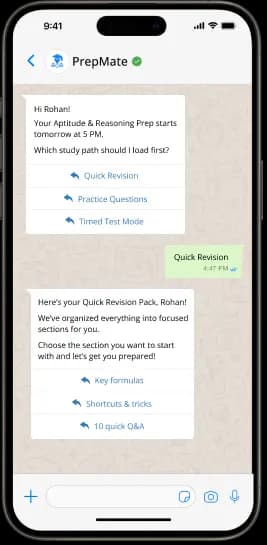WhatsApp chat showing PrepMate exam prep assistant with quick revision, questions, and test mode options.