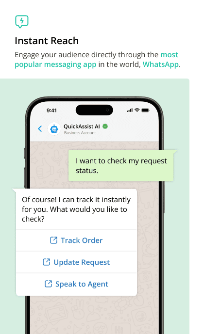 WhatsApp chatbot interface showing instant customer support options like track order, update request, and speak to an agent.