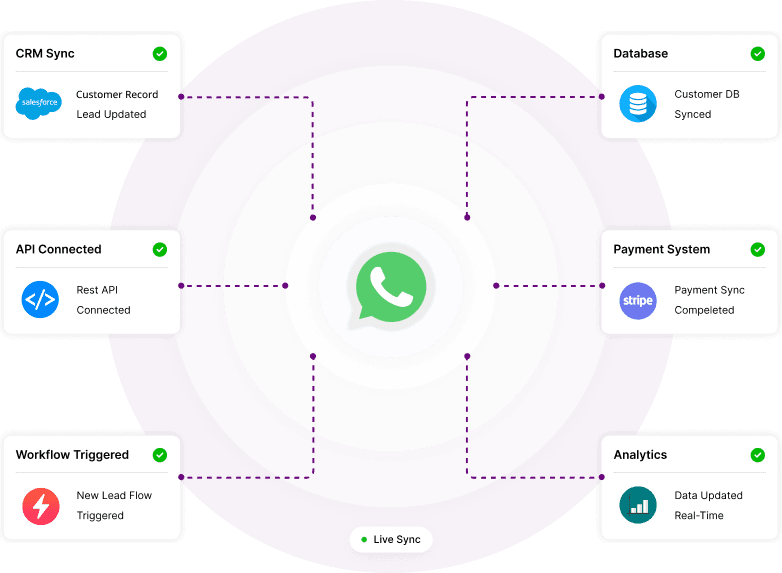 WhatsApp data flow integration with CRM, database, API, and analytics systems