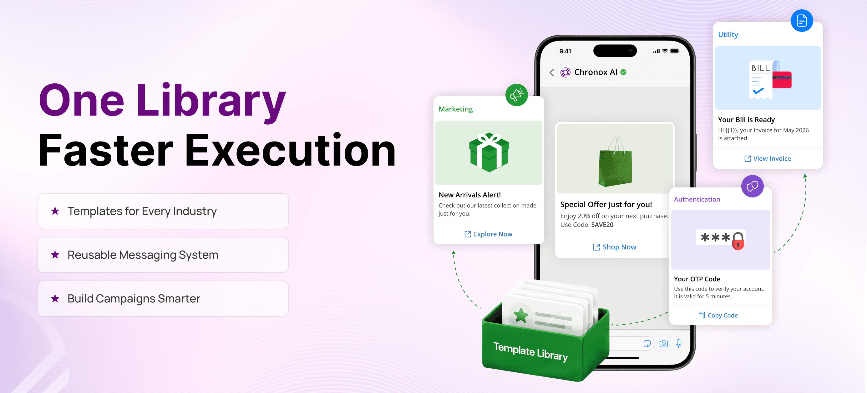 Chronox AI WhatsApp Template Library with reusable marketing, utility, and authentication templates for faster campaign execution.