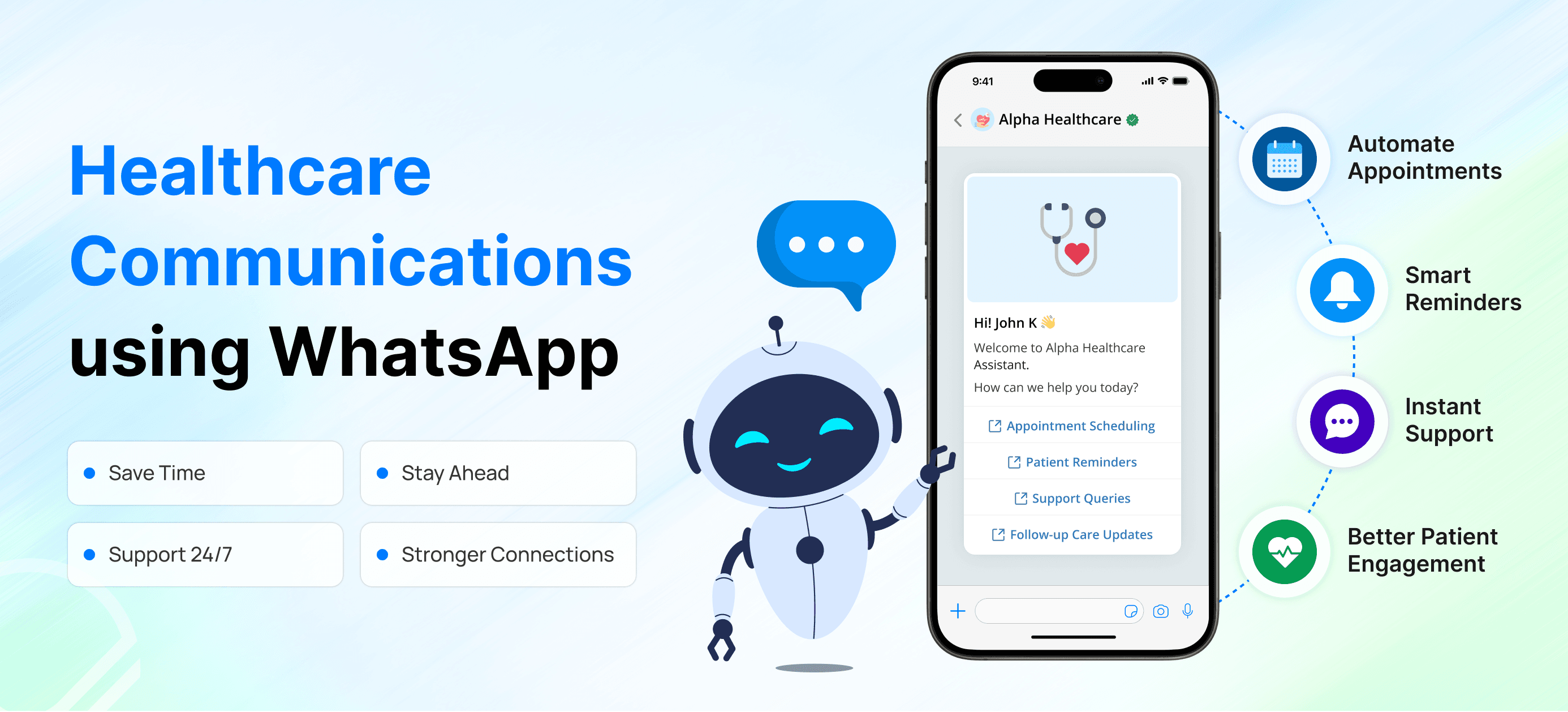 Healthcare communication through WhatsApp automation with appointment scheduling, patient reminders, instant support, and engagement features.