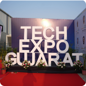 Tech Expo Gujarat 2024 entrance display at the exhibition venue in Ahmedabad.