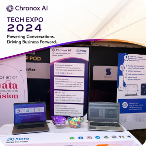 Chronox AI exhibition booth showcasing AI-powered business communication and WhatsApp automation solutions at Tech Expo Gujarat 2024.