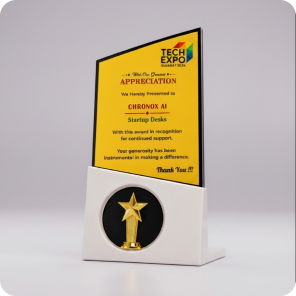 Chronox AI appreciation award received at Tech Expo Gujarat 2024.